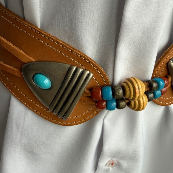 Vtg Southwestern Leather Belt Boho Turquoise Beaded Waist Belt Brown Sz S/M main image 7